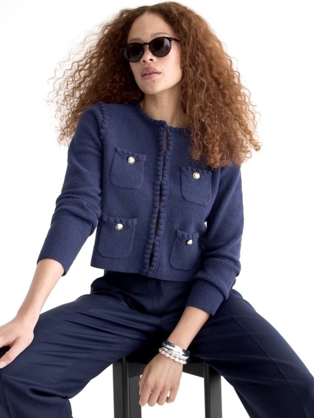 J Crew Odette Lady Jacket Cardigan Cotton Blend Boucle Blue size S Preppy